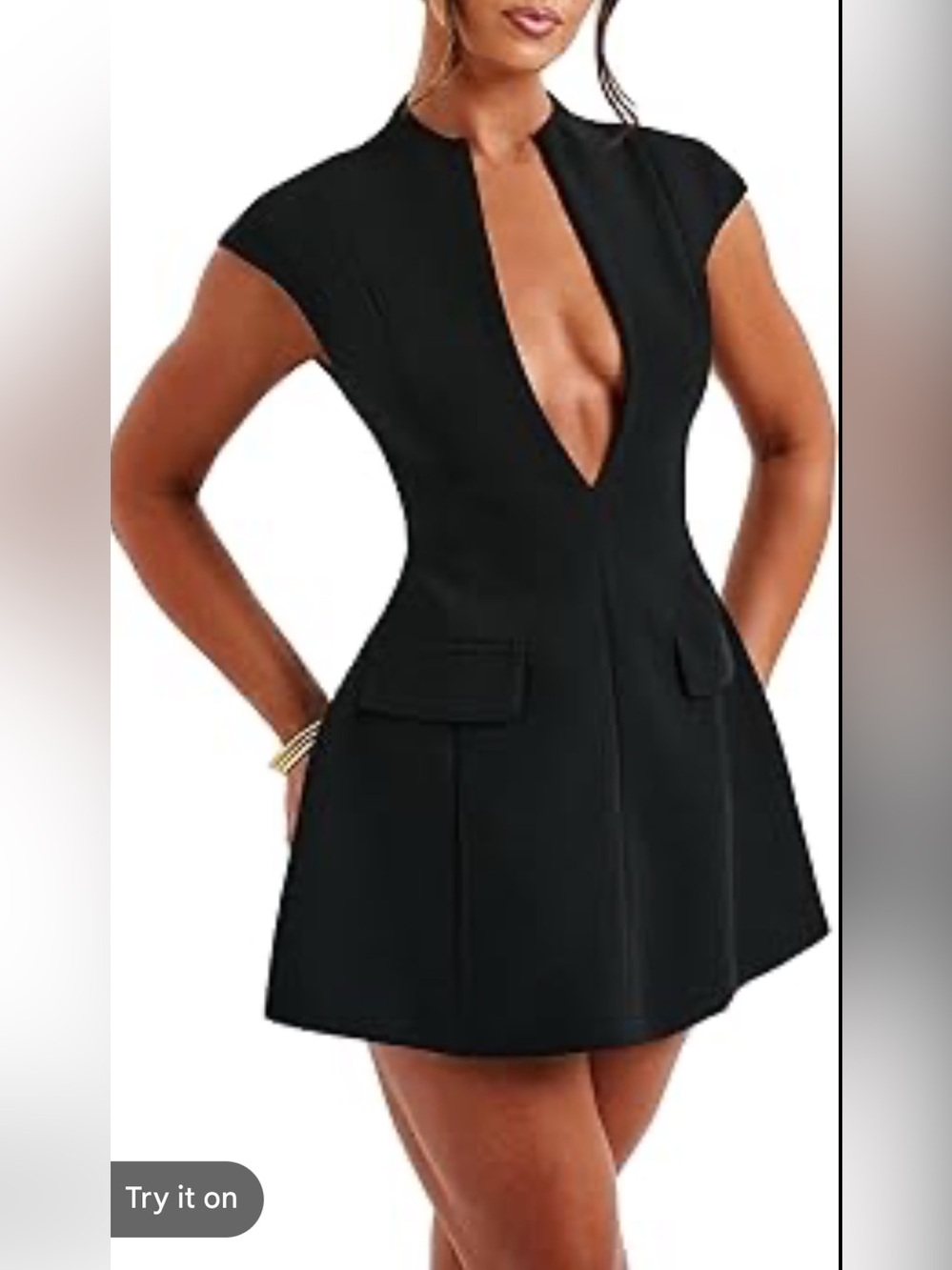 Amazon Black Deep Plunge Fit-and-Flare Mini Dress nwot - Picture 3 of 3